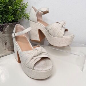 Copper Key Picnic Beige Linen Platform Sandals Womens Knot Block Heel Retro 5.5M